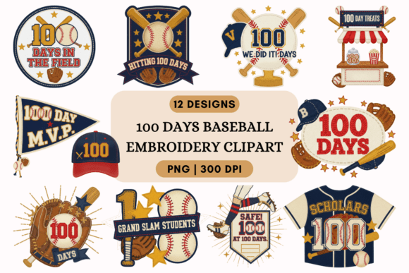 100 Days Baseball Embroidery Clipart