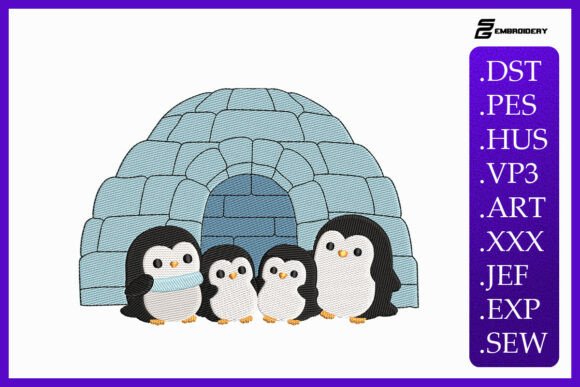 Charming Penguin Family Igloo Embroidery Design for Winter Gifts